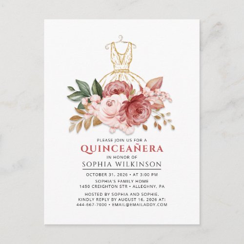 Quinceanera Rustic Floral Faux Gold Dress 15th Invitation Postcard
