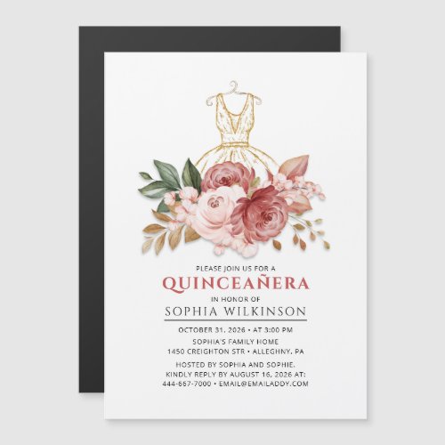 Quinceanera Rustic Floral Faux Gold Dress 15th Magnetic Invitation