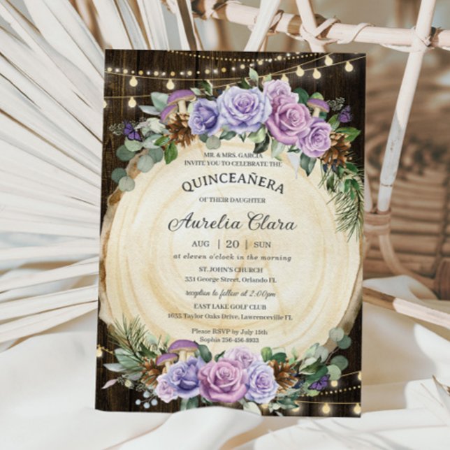 Quinceañera Rustic Purple Floral Enchanted Forest Invitation (Creator Uploaded)