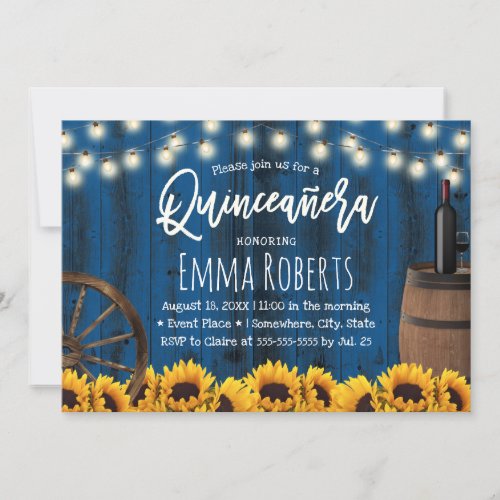 Quinceanera Rustic Sunflowers Barrel Navy Blue Invitation