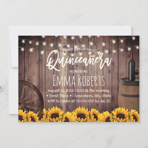 Quinceanera Rustic Sunflowers Wood Barrel Birthday Invitation
