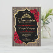 Quinceanera - Rustic Wood Gold Red Invitation (Standing Front)