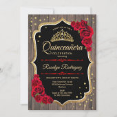 Quinceanera - Rustic Wood Gold Red Invitation (Front)