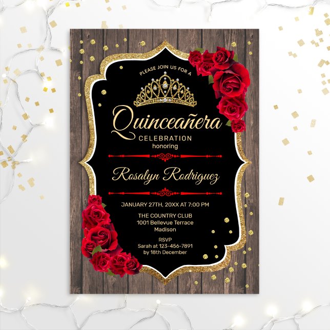 Quinceanera - Rustic Wood Gold Red Invitation