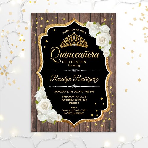 Quinceanera _ Rustic Wood Gold White Invitation