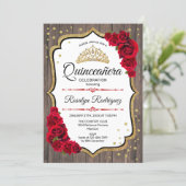 Quinceanera - Rustic Wood Red Roses Invitation (Standing Front)