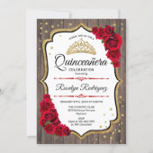 Quinceanera - Rustic Wood Red Roses Invitation (Front)