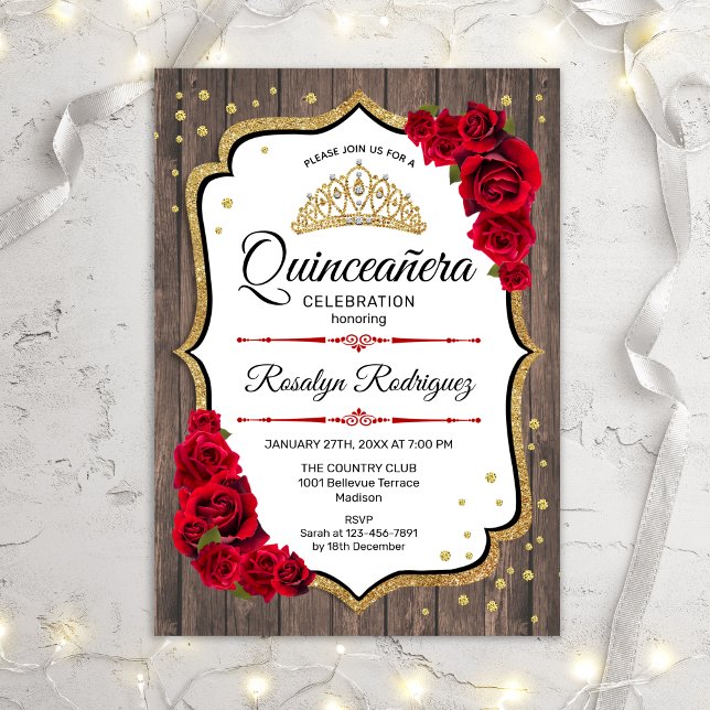 Quinceanera - Rustic Wood Red Roses Invitation