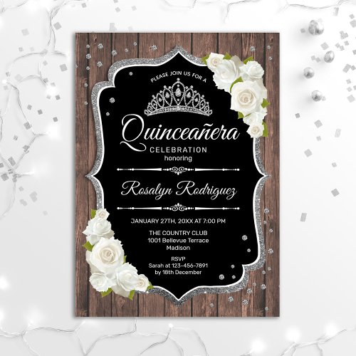 Quinceanera _ Rustic Wood Silver White Invitation