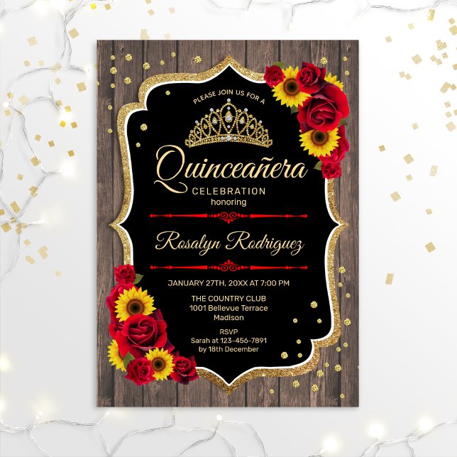Quinceanera - Rustic Wood Sunflowers Roses Invitation