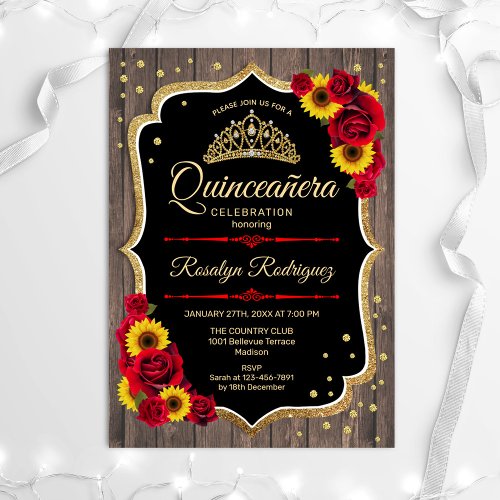 Quinceanera _ Rustic Wood Sunflowers Roses Invitation