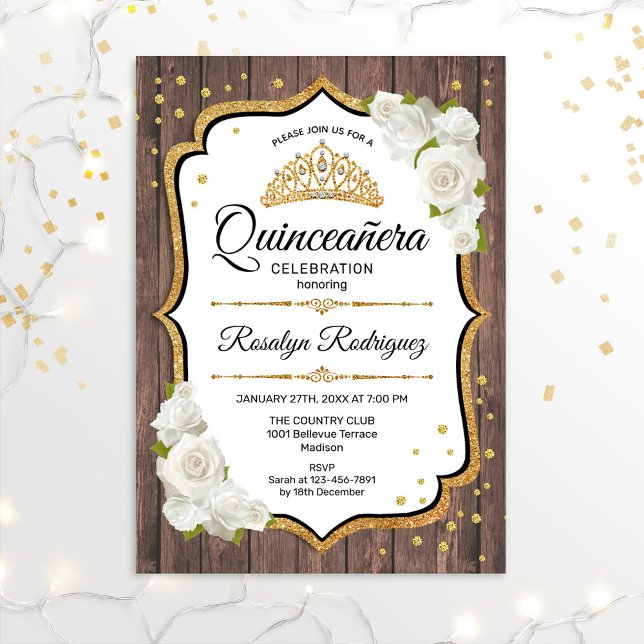 Quinceanera - Rustic Wood White Gold Invitation (Creator Uploaded)