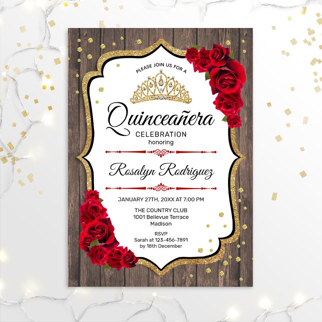 Quinceanera - Rustic Wood White Red Gold Invitation