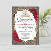Quinceanera - Rustic Wood White Red Gold Invitation (Standing Front)