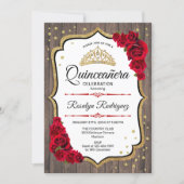 Quinceanera - Rustic Wood White Red Gold Invitation (Front)