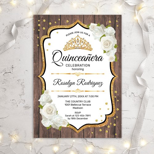 Quinceanera _ Rustic Wood White Roses Invitation