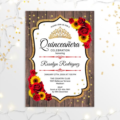 Quinceanera _ Rustic Wood White Sunflowers Roses Invitation