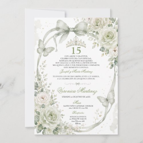 Quinceañera Sage Green 15 Años Princess Tiara Invitation