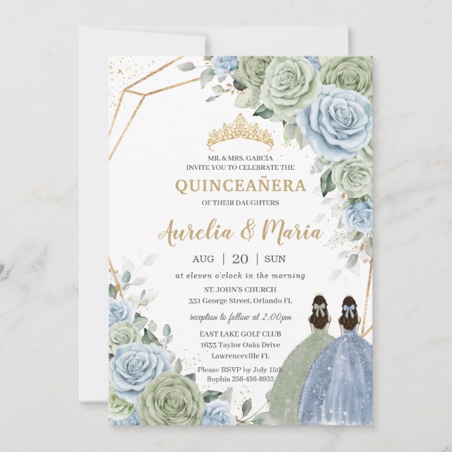Quinceañera Sage Green Baby Blue Floral Twins Gold Invitation (Front)