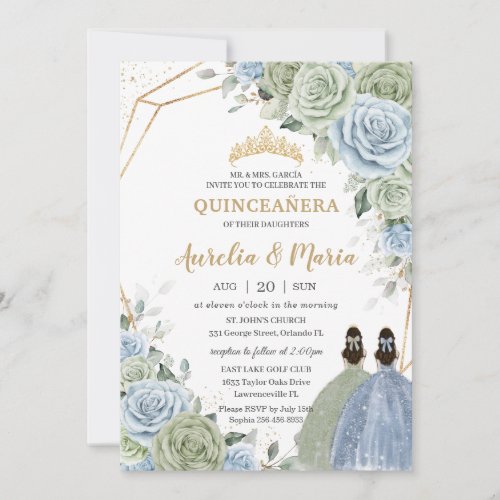 Quinceaera Sage Green Baby Blue Floral Twins Gold Invitation
