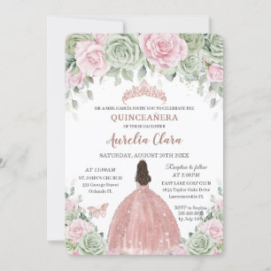 Quinceañera Sage Green Baby Pink Floral Rose Gold Invitation