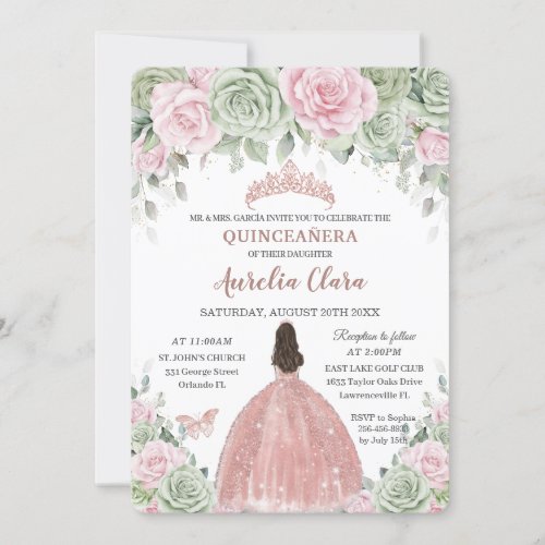 Quinceaera Sage Green Baby Pink Floral Rose Gold Invitation