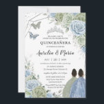 Quinceañera Sage Green Blue Floral Twins Silver Invitation<br><div class="desc">Personalize this lovely twins birthday invitation card with your own wording easily and quickly. Simply click the Edit Using Design Tools button to further edit the text, wording, font style, font size, font color, add more text, move or remove some images. The butterflies, quince girls and crown are movable, resizable,...</div>
