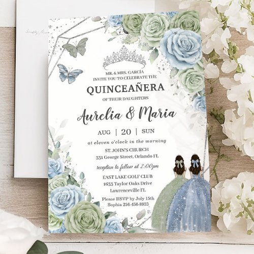 Quinceaera Sage Green Blue Floral Twins Silver Invitation