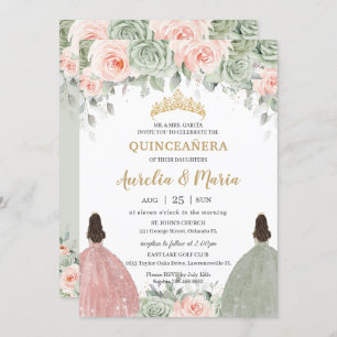 Quinceañera Sage Green Blush Floral Gold Twins Invitation
