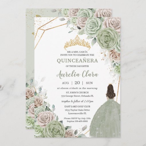 Quinceañera Sage Green Champagne Gold Floral Invitation | Zazzle