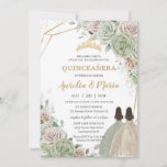 Quinceañera Sage Green Champagne Gold Floral Twins Invitation<br><div class="desc">Personalize this lovely quinceañera invitation with own wording easily and quickly,  simply press the customize it button to further re-arrange and format the style and placement of the text.  Matching items available in store!  (c) The Happy Cat Studio</div>