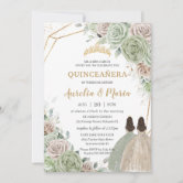 Chic Sage Green Baby Pink Floral Gold Quinceañera Invitation