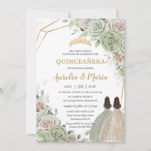 Quinceañera Sage Green Champagne Gold Floral Twins Invitation