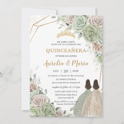Quinceaera Sage Green Champagne Gold Floral Twins Invitation