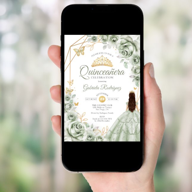Quinceanera Sage Green Dress Floral Gold Invitation (Front Digital)