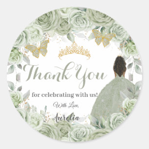 Quinceañera Sage Green Floral Brown Princess Favor Classic Round Sticker