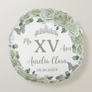 Quinceañera Sage Green Floral Butterflies Dress  Round Pillow