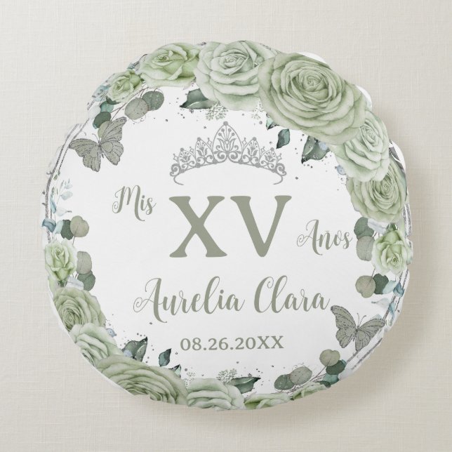 Quinceañera Sage Green Floral Butterflies Dress  Round Pillow (Front)