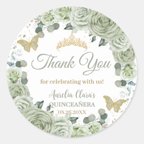 Quinceaera Sage Green Floral Butterflies Gold Classic Round Sticker