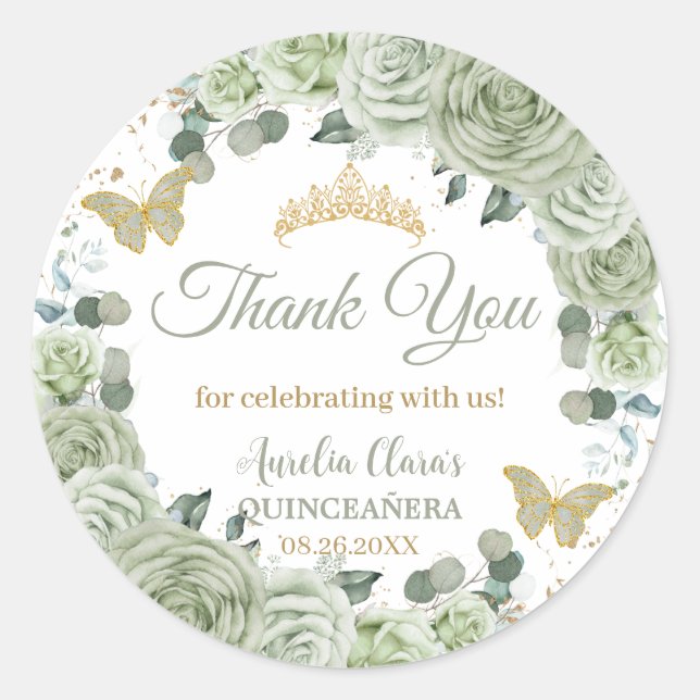 Quinceañera Sage Green Floral Butterflies Gold Classic Round Sticker (Front)