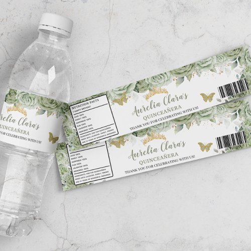 Quinceaera Sage Green Floral Butterflies Sweet 16 Water Bottle Label