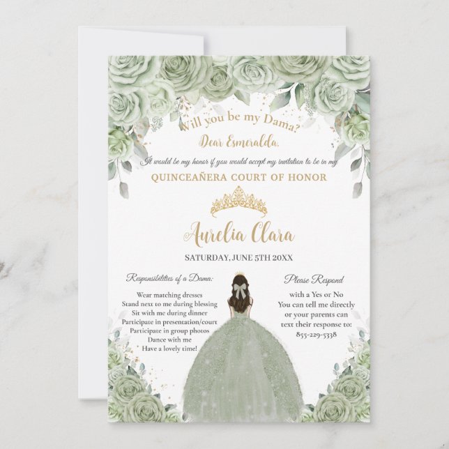Quinceañera Sage Green Floral Dama Request  Invitation (Front)