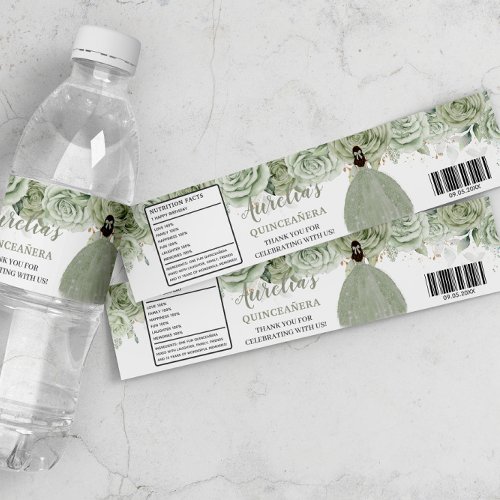 Quinceaera Sage Green Floral Gold 16th Birthday  Water Bottle Label
