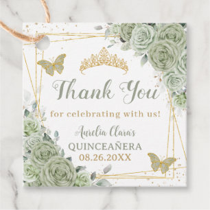 Quinceañera Sage Green Floral Gold Butterflies Favor Tags