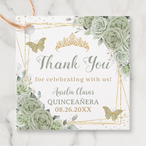 Quinceaera Sage Green Floral Gold Butterflies Favor Tags