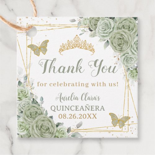 Quinceañera Sage Green Floral Gold Butterflies Favor Tags Quinceaera Sage Green Floral Gold Butterflies Favor Tags