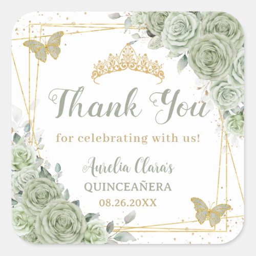Quinceaera Sage Green Floral Gold Butterflies Square Sticker