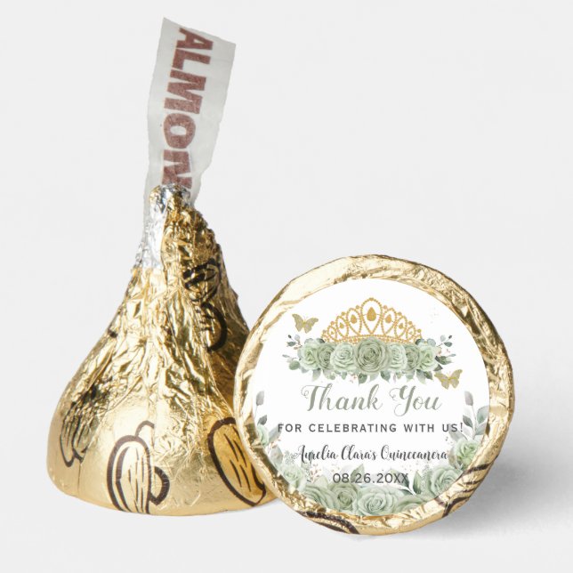 Quinceañera Sage Green Floral Gold Crown Butterfly Hershey®'s Kisses® (Front)