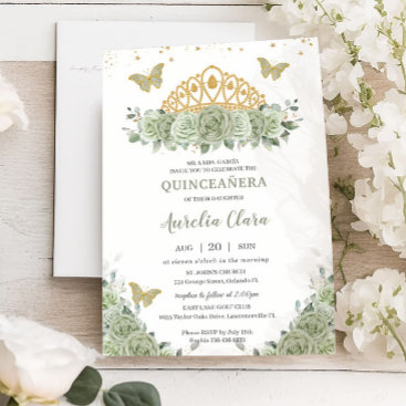 Quinceañera Sage Green Floral Gold Crown Butterfly Invitation