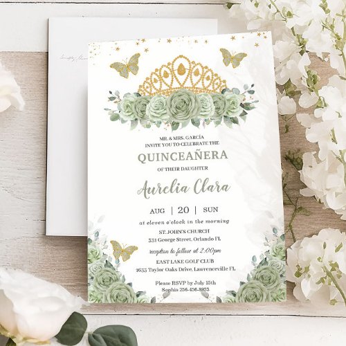 Quinceaera Sage Green Floral Gold Crown Butterfly Invitation